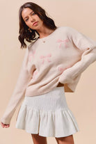 SO ME Embroidered Ribbon Round Neck Sweater-Sweaters-Krush Kandy, Women's Online Fashion Boutique Located in Phoenix, Arizona (Scottsdale Area)