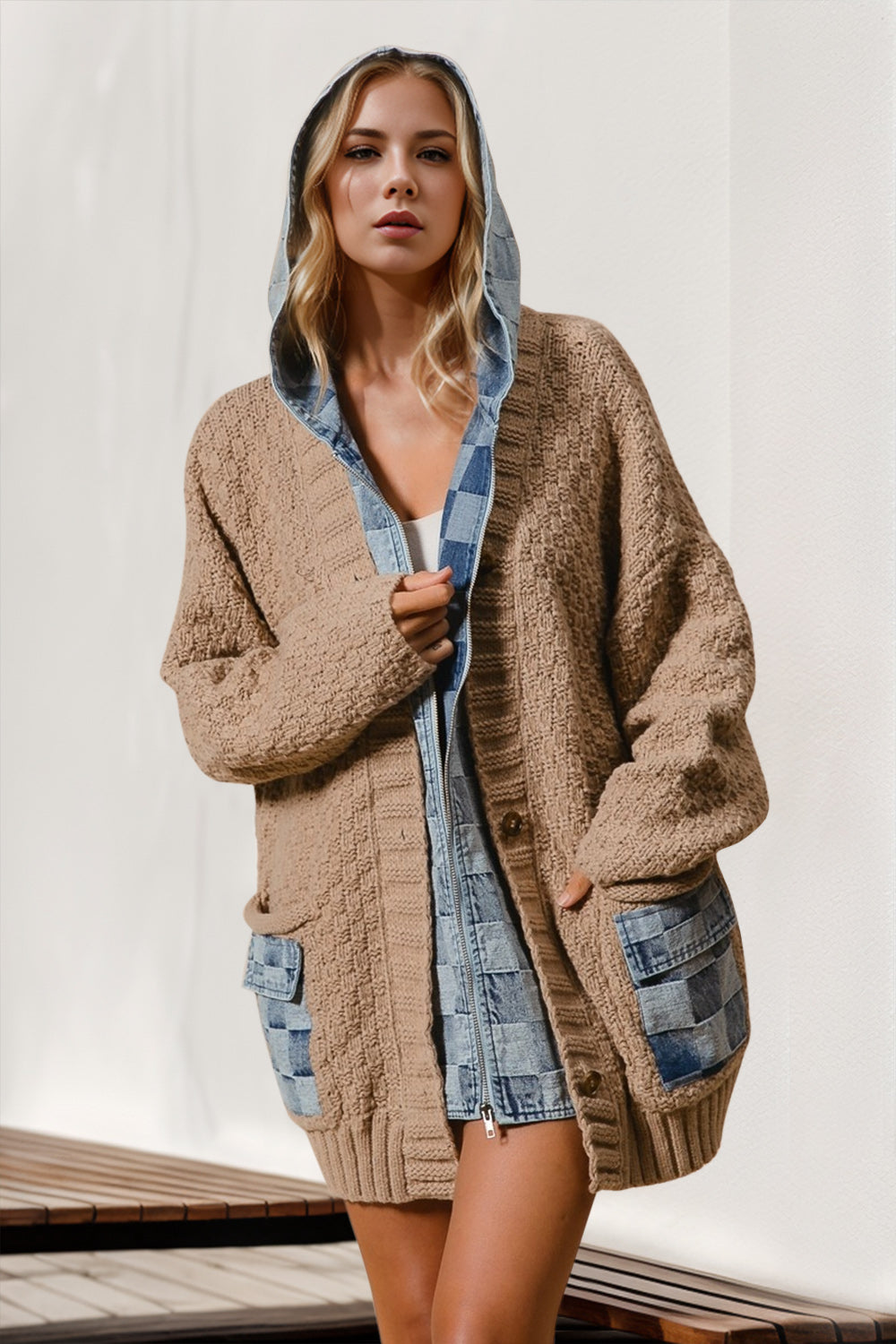 Full Size Hooded Denim Spliced Sweater Cardigan-Cardigans-Krush Kandy, Women's Online Fashion Boutique Located in Phoenix, Arizona (Scottsdale Area)