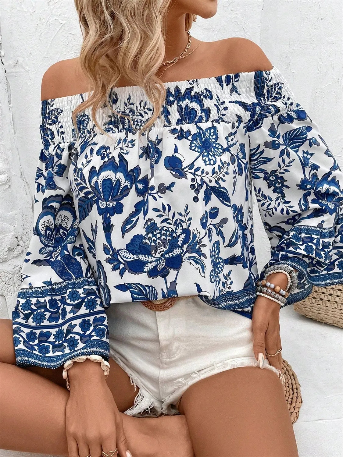 Smocked Printed Off-Shoulder Blouse-Blouses-Krush Kandy, Women's Online Fashion Boutique Located in Phoenix, Arizona (Scottsdale Area)