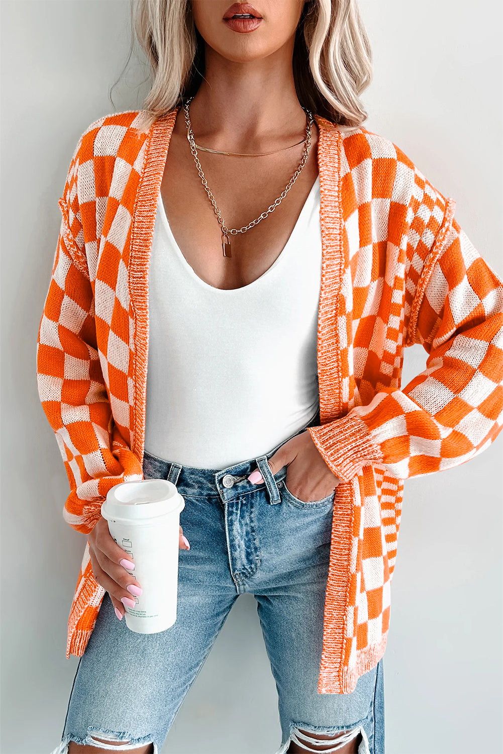 Orange Checkered Knit Cardigan – Bold & Cozy Layer | Krush Kandy