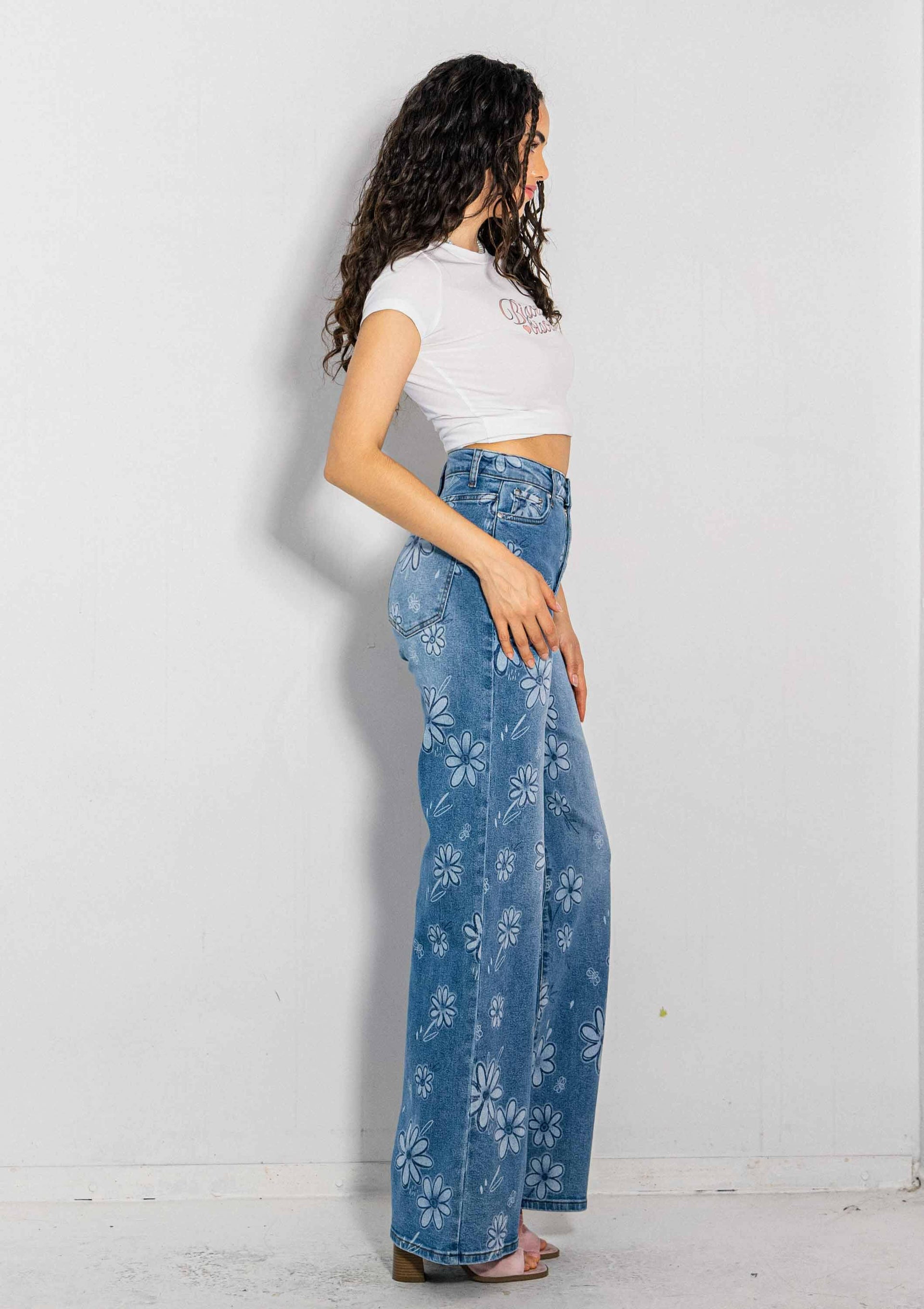 Flower Printed High-Rise Wideleg Jeans-Jeans-Krush Kandy, Women's Online Fashion Boutique Located in Phoenix, Arizona (Scottsdale Area)