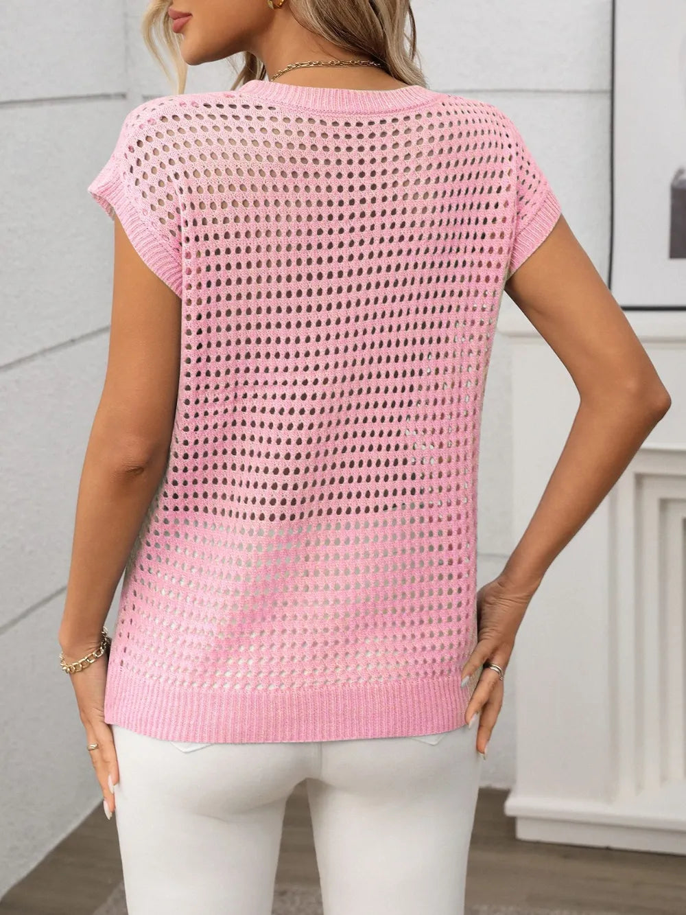 Openwork Round Neck Short Sleeve Knit Cover Up-Krush Kandy, Women's Online Fashion Boutique Located in Phoenix, Arizona (Scottsdale Area)