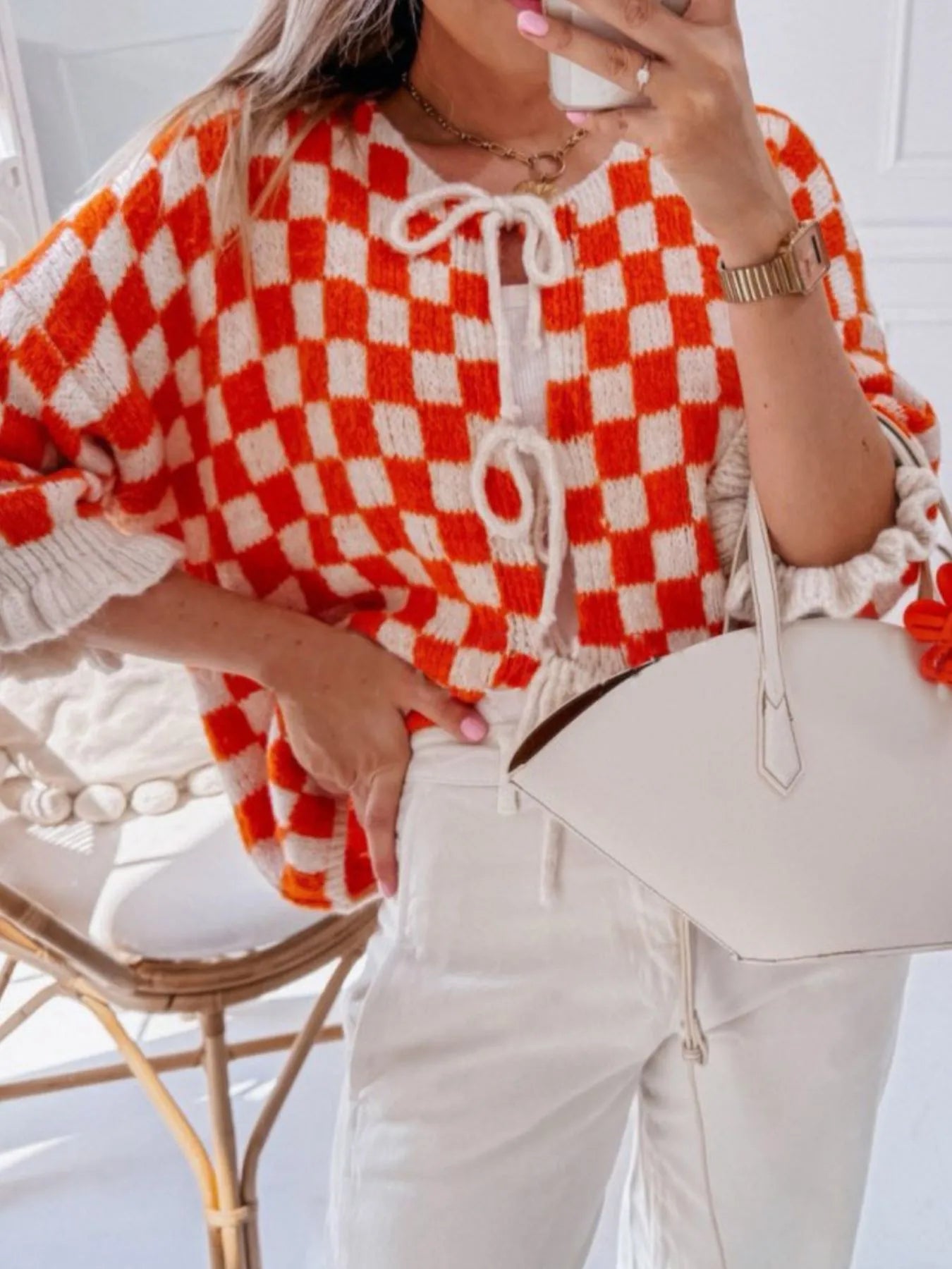 Checkered Tie-Front Knit Cardigan-Cardigan-Krush Kandy, Women's Online Fashion Boutique Located in Phoenix, Arizona (Scottsdale Area)