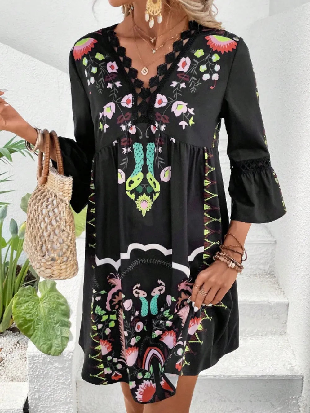 Lace Detail Printed Three-Quarter Sleeve Dress-Dresses-Krush Kandy, Women's Online Fashion Boutique Located in Phoenix, Arizona (Scottsdale Area)