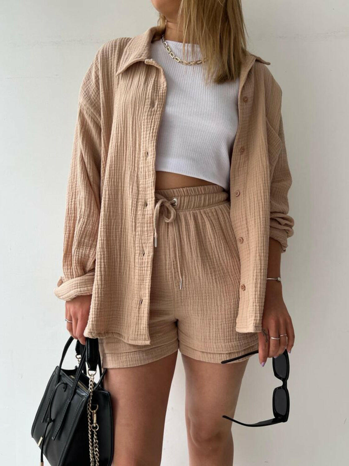 Kinsley Texture Button-Up Shirt and Drawstring Shorts Set-Krush Kandy, Women's Online Fashion Boutique Located in Phoenix, Arizona (Scottsdale Area)