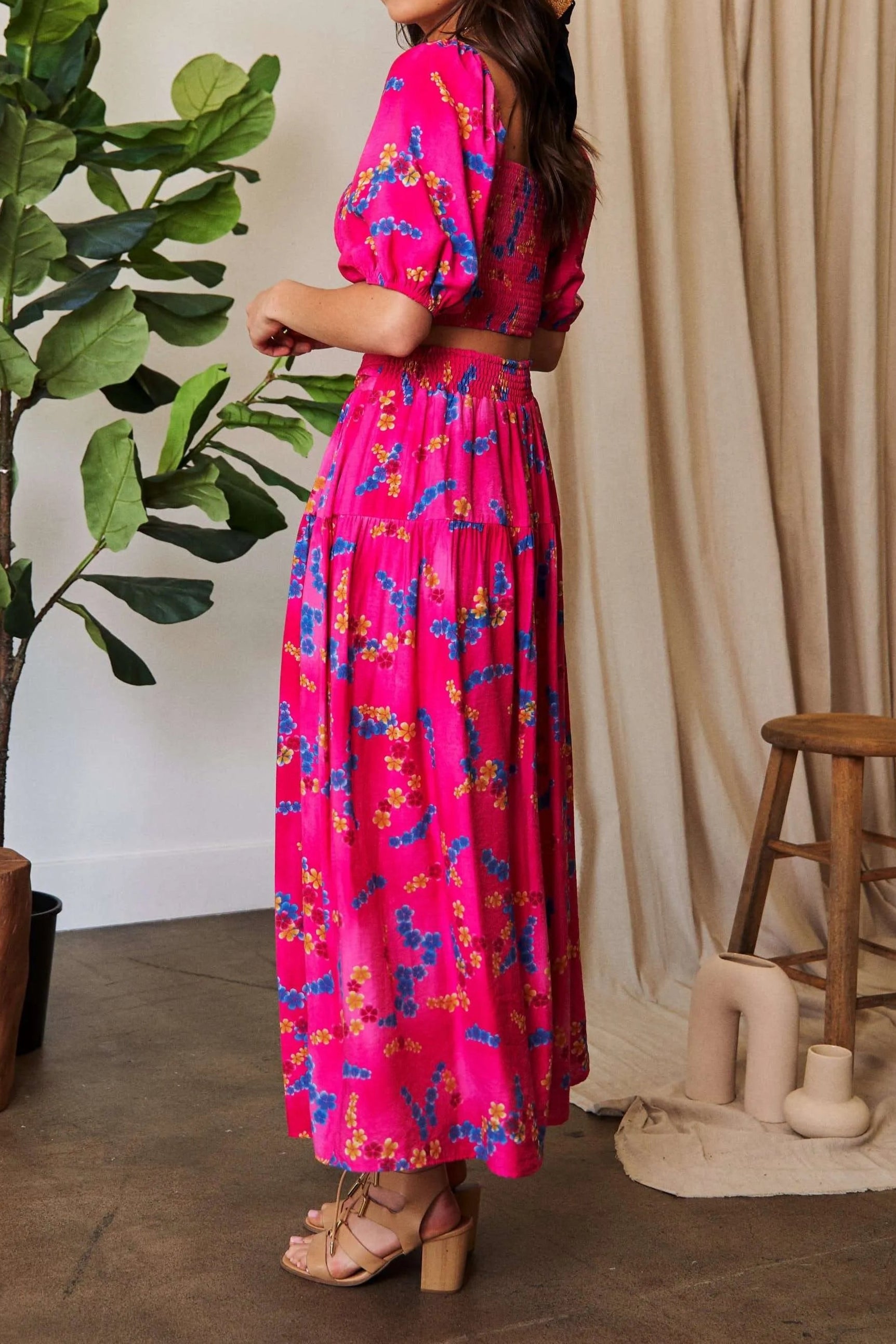 Davi & Dani Smocing Bodice Puff Short Sleeve Printed Crop Top-2 Piece Outfit Sets-Krush Kandy, Women's Online Fashion Boutique Located in Phoenix, Arizona (Scottsdale Area)