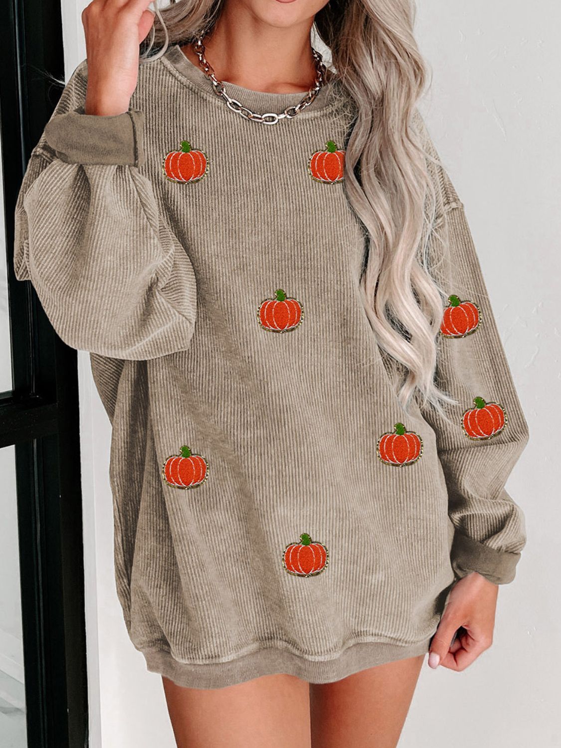 Pumpkin Round Neck Long Sleeve Sweatshirt-Krush Kandy, Women's Online Fashion Boutique Located in Phoenix, Arizona (Scottsdale Area)