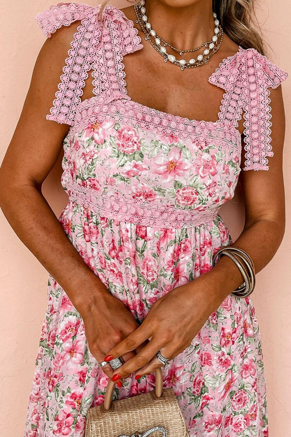 Floral Lace Tied Strap Square Neck Dress with Pockets-Dresses-Krush Kandy, Women's Online Fashion Boutique Located in Phoenix, Arizona (Scottsdale Area)
