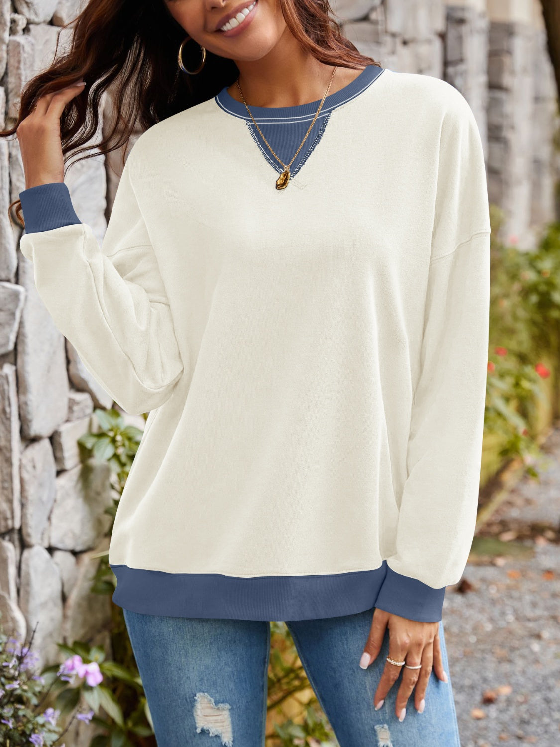 Lovelet Contrast Round Neck Long Sleeve Sweatshirt-Krush Kandy, Women's Online Fashion Boutique Located in Phoenix, Arizona (Scottsdale Area)