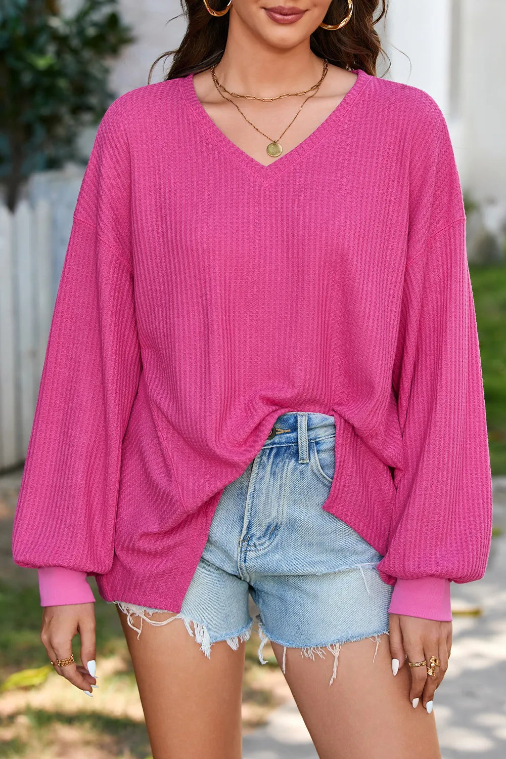 Waffle-Knit V-Neck Long Sleeve Top-Long Sleeve Tops-Krush Kandy, Women's Online Fashion Boutique Located in Phoenix, Arizona (Scottsdale Area)