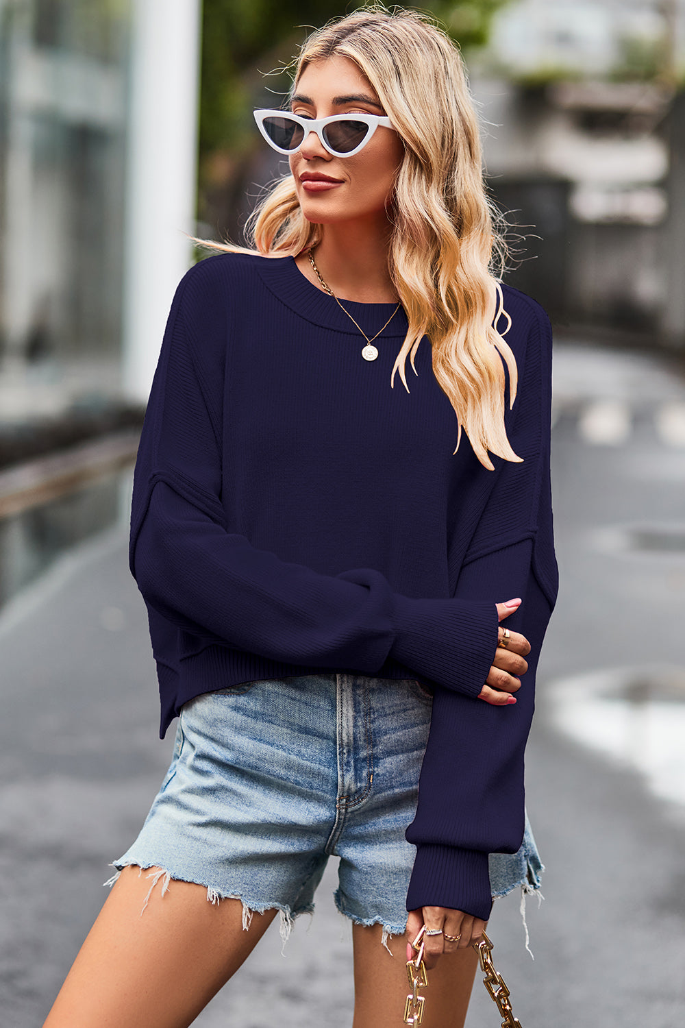 Round Neck Drop Shoulder Long Sleeve Sweater-Krush Kandy, Women's Online Fashion Boutique Located in Phoenix, Arizona (Scottsdale Area)