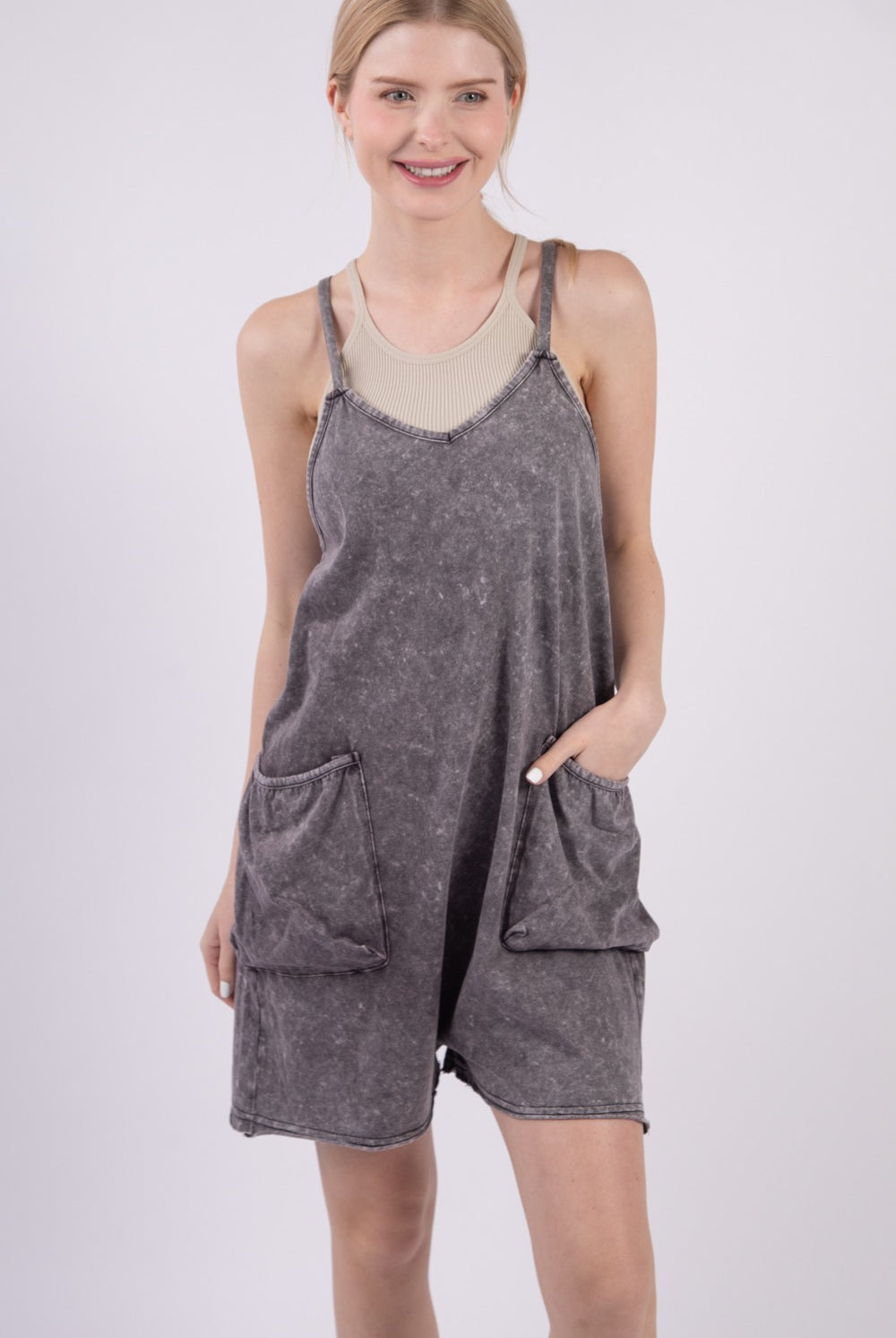 VERY J V-Neck Sleeveless Washed Romper-Krush Kandy, Women's Online Fashion Boutique Located in Phoenix, Arizona (Scottsdale Area)