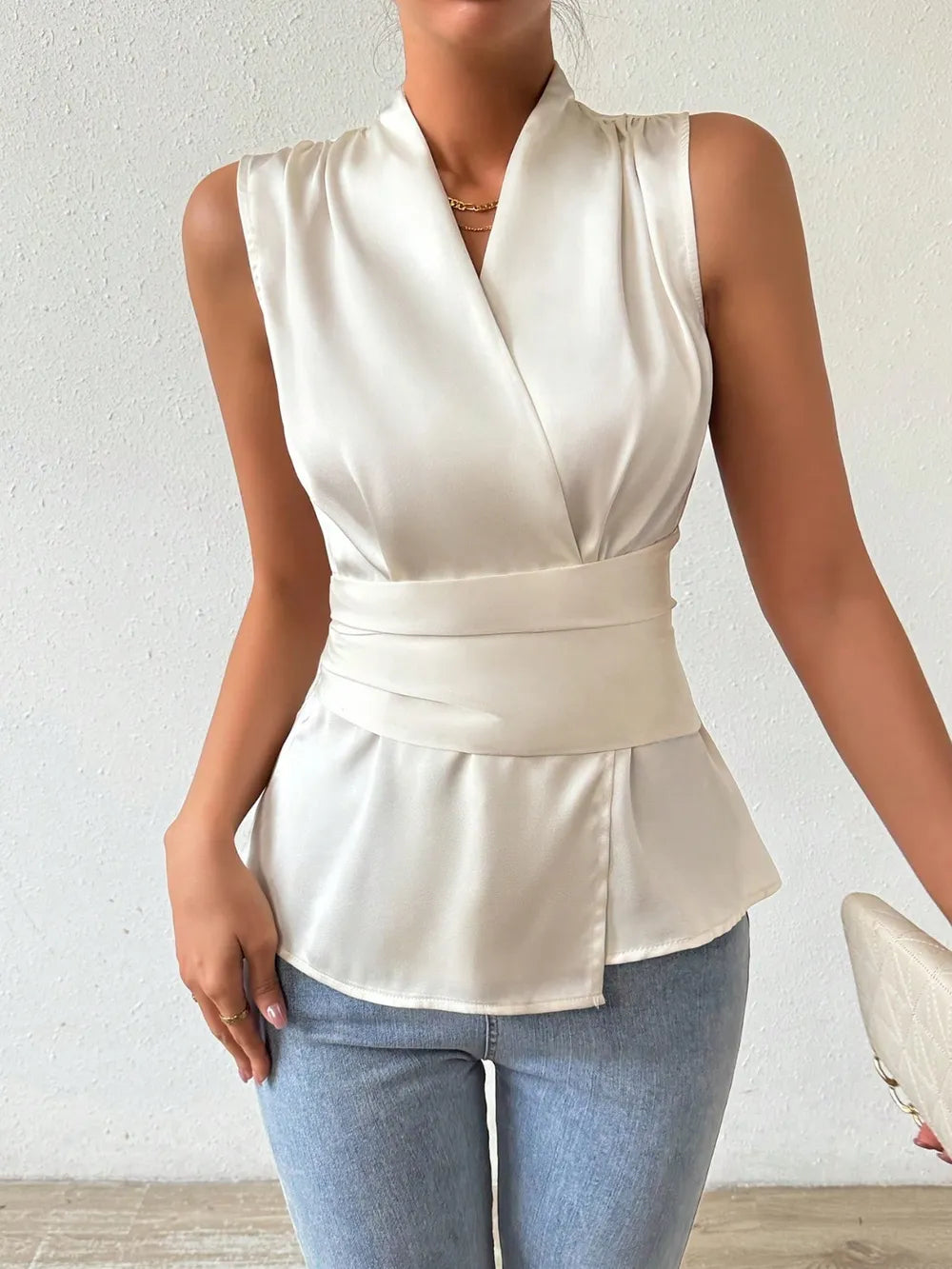 Surplice Sleeveless Satin Blouse-Tops-Krush Kandy, Women's Online Fashion Boutique Located in Phoenix, Arizona (Scottsdale Area)