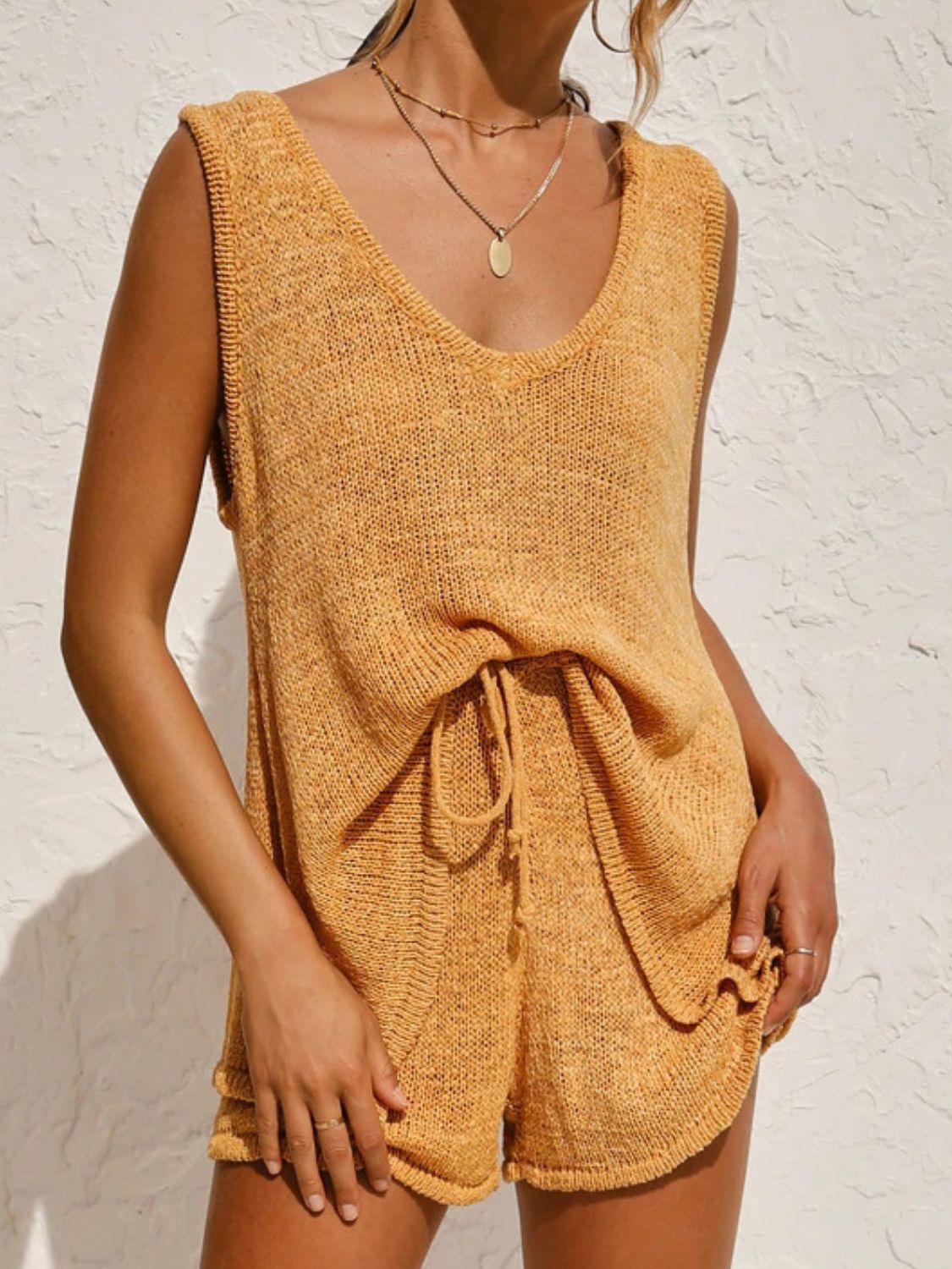 V-Neck Sleeveless Top and Drawstring Shorts Sweater Set-Krush Kandy, Women's Online Fashion Boutique Located in Phoenix, Arizona (Scottsdale Area)