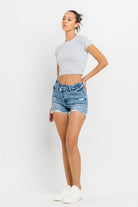 Lovervet Stepped Waist Raw Hem Denim Shorts-Krush Kandy, Women's Online Fashion Boutique Located in Phoenix, Arizona (Scottsdale Area)