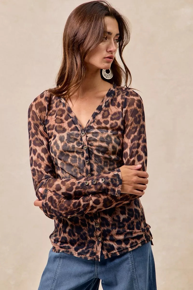 BiBi Leopard Printed Mesh Shirt With Button Up V Neck-Tops-Krush Kandy, Women's Online Fashion Boutique Located in Phoenix, Arizona (Scottsdale Area)