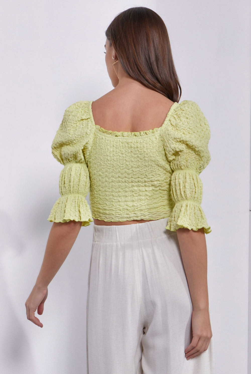 MUSTARD SEED Crinkle Texture Puff Sleeve Crop Top-Krush Kandy, Women's Online Fashion Boutique Located in Phoenix, Arizona (Scottsdale Area)