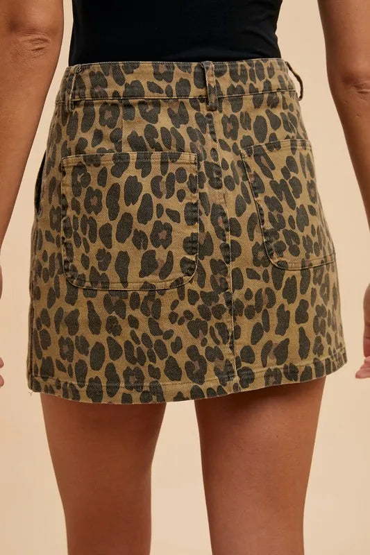 Annie Wear Leopard Denim Mini Skirt-Skirts-Krush Kandy, Women's Online Fashion Boutique Located in Phoenix, Arizona (Scottsdale Area)
