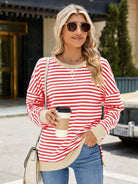 Slit Striped Round Neck Long Sleeve Sweatshirt-Krush Kandy, Women's Online Fashion Boutique Located in Phoenix, Arizona (Scottsdale Area)