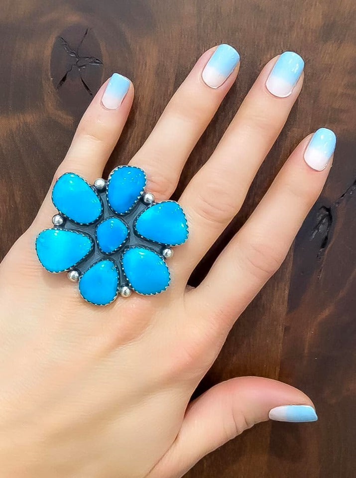 REAL Kingman Turquoise Flower Ring-Cluster Rings-Krush Kandy, Women's Online Fashion Boutique Located in Phoenix, Arizona (Scottsdale Area)