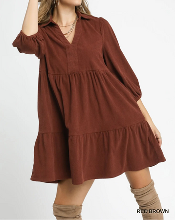 Umgee Tiered Corduroy Mini Dress with Balloon Sleeves RED BROWN / L