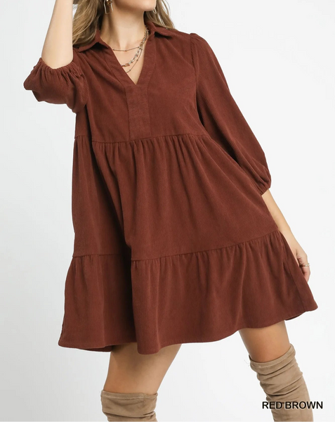 Umgee Tiered Corduroy Mini Dress with Balloon Sleeves RED BROWN / L