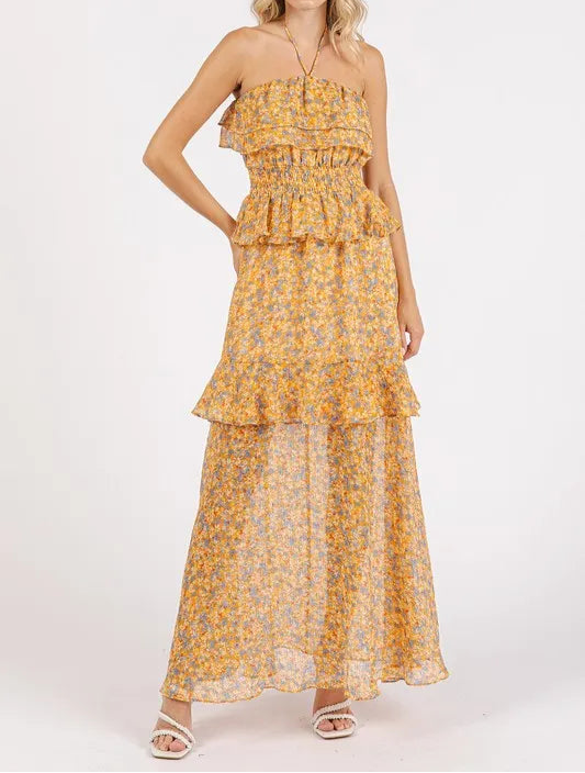 Mittoshop Ruffled Smocked Floral Halter Neck Maxi Dress-Dresses-Krush Kandy, Women's Online Fashion Boutique Located in Phoenix, Arizona (Scottsdale Area)