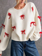 Bow Contrast Round Neck Long Sleeve Sweater-Krush Kandy, Women's Online Fashion Boutique Located in Phoenix, Arizona (Scottsdale Area)