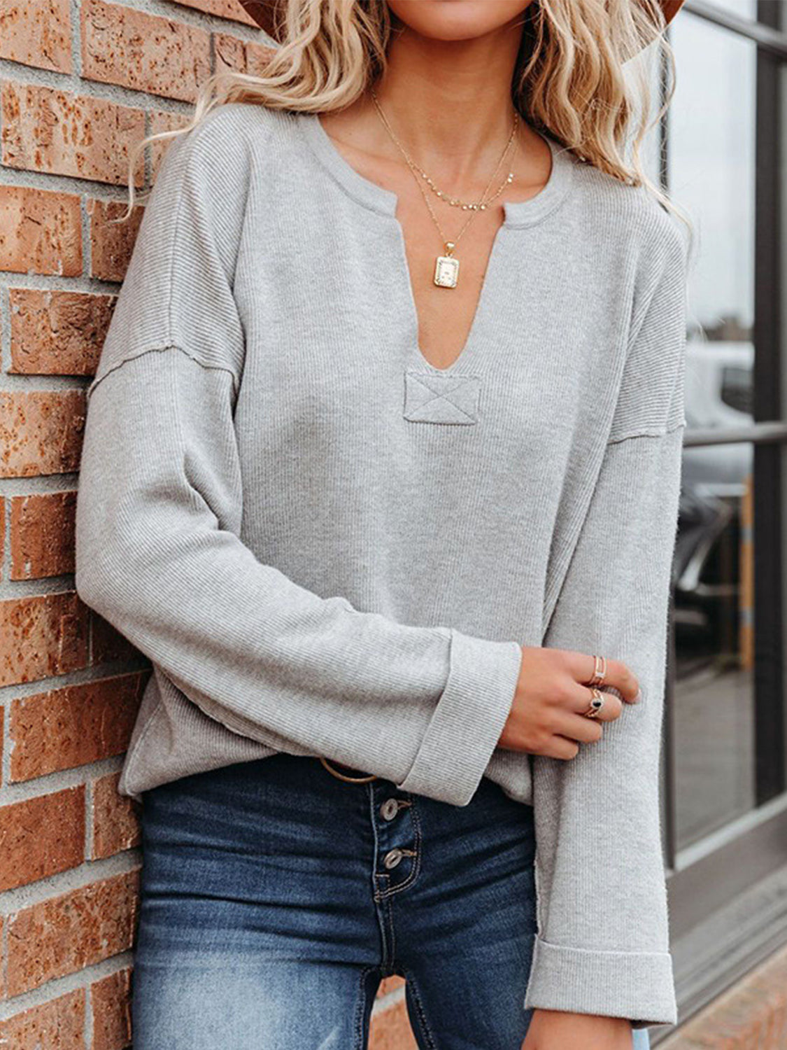 Notched Dropped Shoulder Sweater-clothing-Krush Kandy, Women's Online Fashion Boutique Located in Phoenix, Arizona (Scottsdale Area)