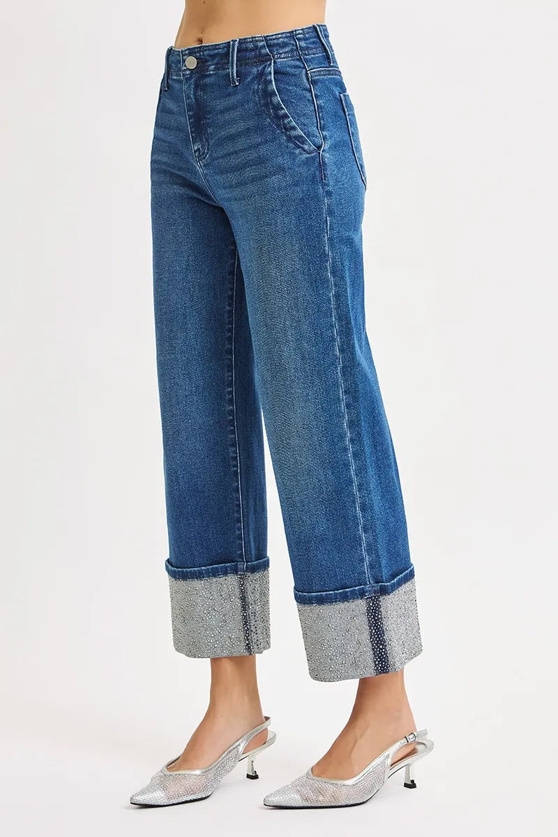 RISEN High Rise Ankle Wide Rhine Stone Cuffed Jeans-Krush Kandy, Women's Online Fashion Boutique Located in Phoenix, Arizona (Scottsdale Area)