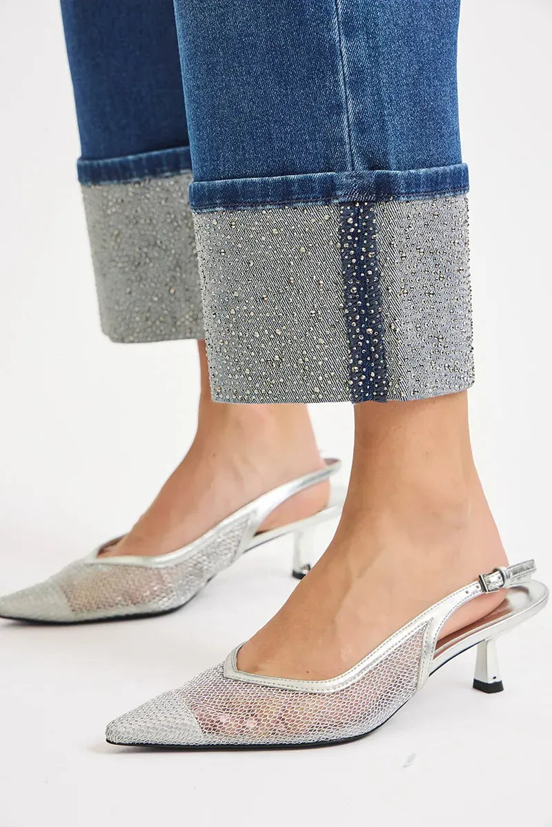 RISEN High Rise Ankle Wide Rhine Stone Cuffed Jeans-Krush Kandy, Women's Online Fashion Boutique Located in Phoenix, Arizona (Scottsdale Area)