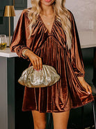 V Neck Puff Sleeve Velvet Dress-Dresses-Krush Kandy, Women's Online Fashion Boutique Located in Phoenix, Arizona (Scottsdale Area)