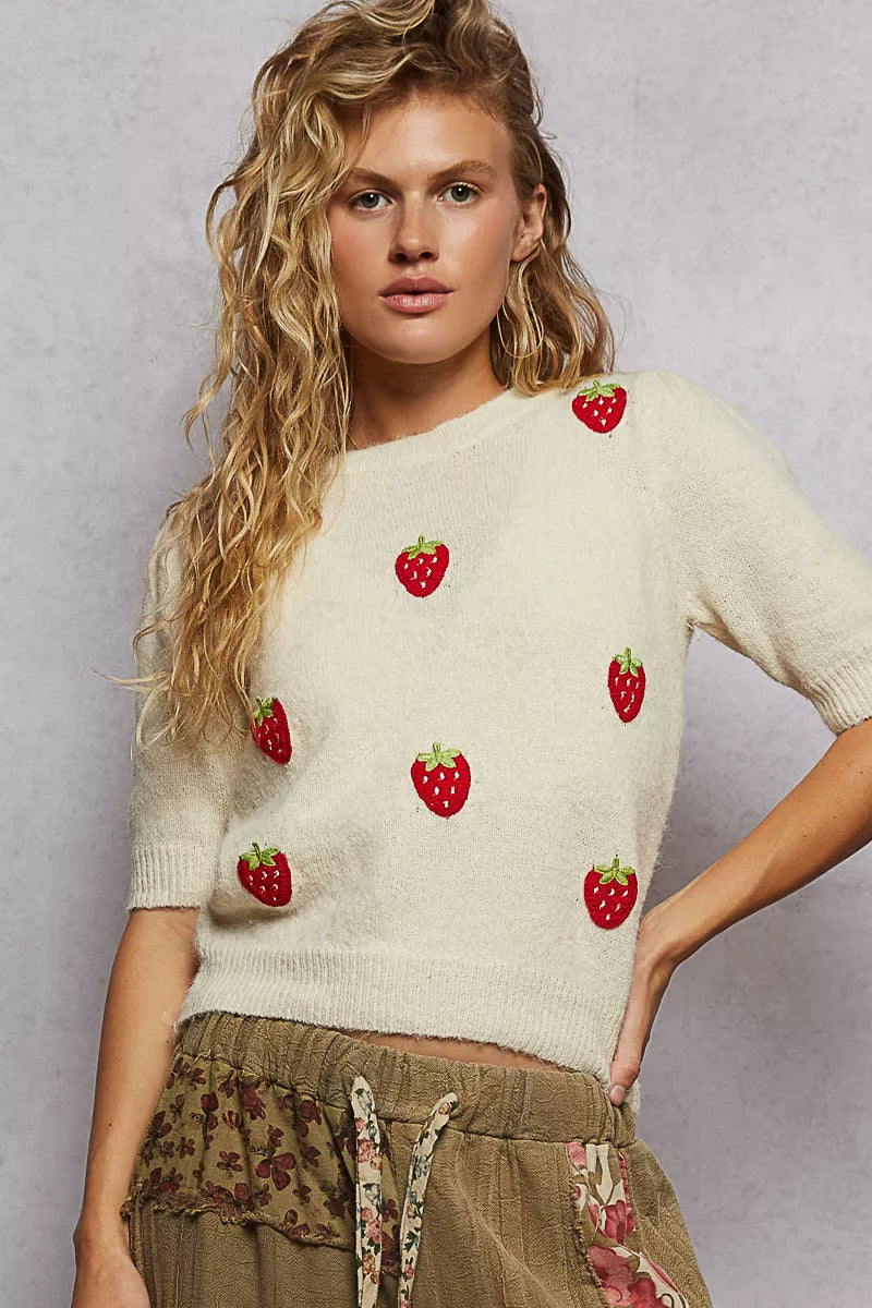 POL Round Neck Strawberry Patch Sweater with Shirring Shoulder-Sweater-Krush Kandy, Women's Online Fashion Boutique Located in Phoenix, Arizona (Scottsdale Area)