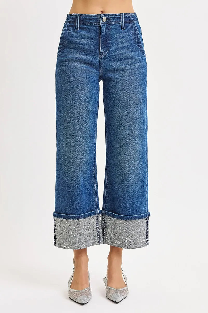 RISEN High Rise Ankle Wide Rhine Stone Cuffed Jeans-Krush Kandy, Women's Online Fashion Boutique Located in Phoenix, Arizona (Scottsdale Area)