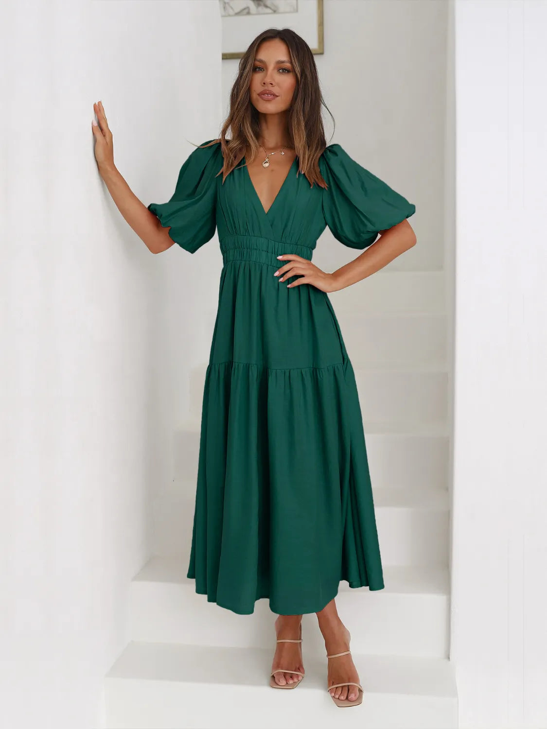 Tiered Surplice Half Sleeve Midi Dress-dress-Krush Kandy, Women's Online Fashion Boutique Located in Phoenix, Arizona (Scottsdale Area)