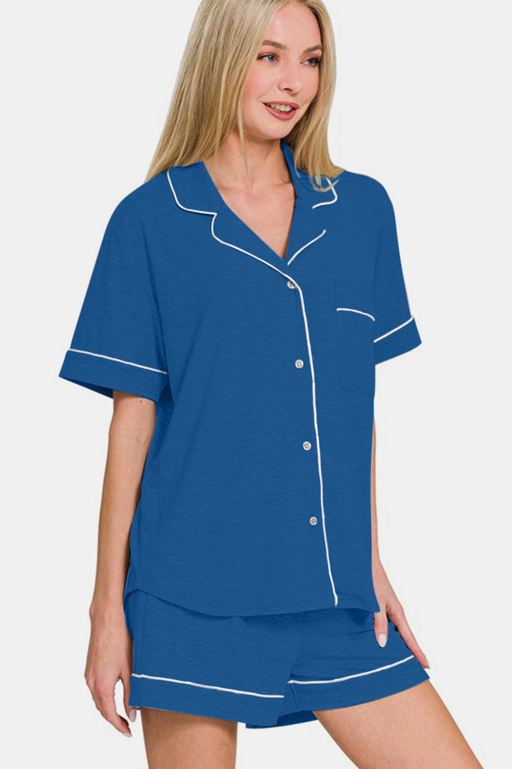 Zenana Button Down Short Sleeve Top and Shorts Lounge Set-Loungewear-Krush Kandy, Women's Online Fashion Boutique Located in Phoenix, Arizona (Scottsdale Area)