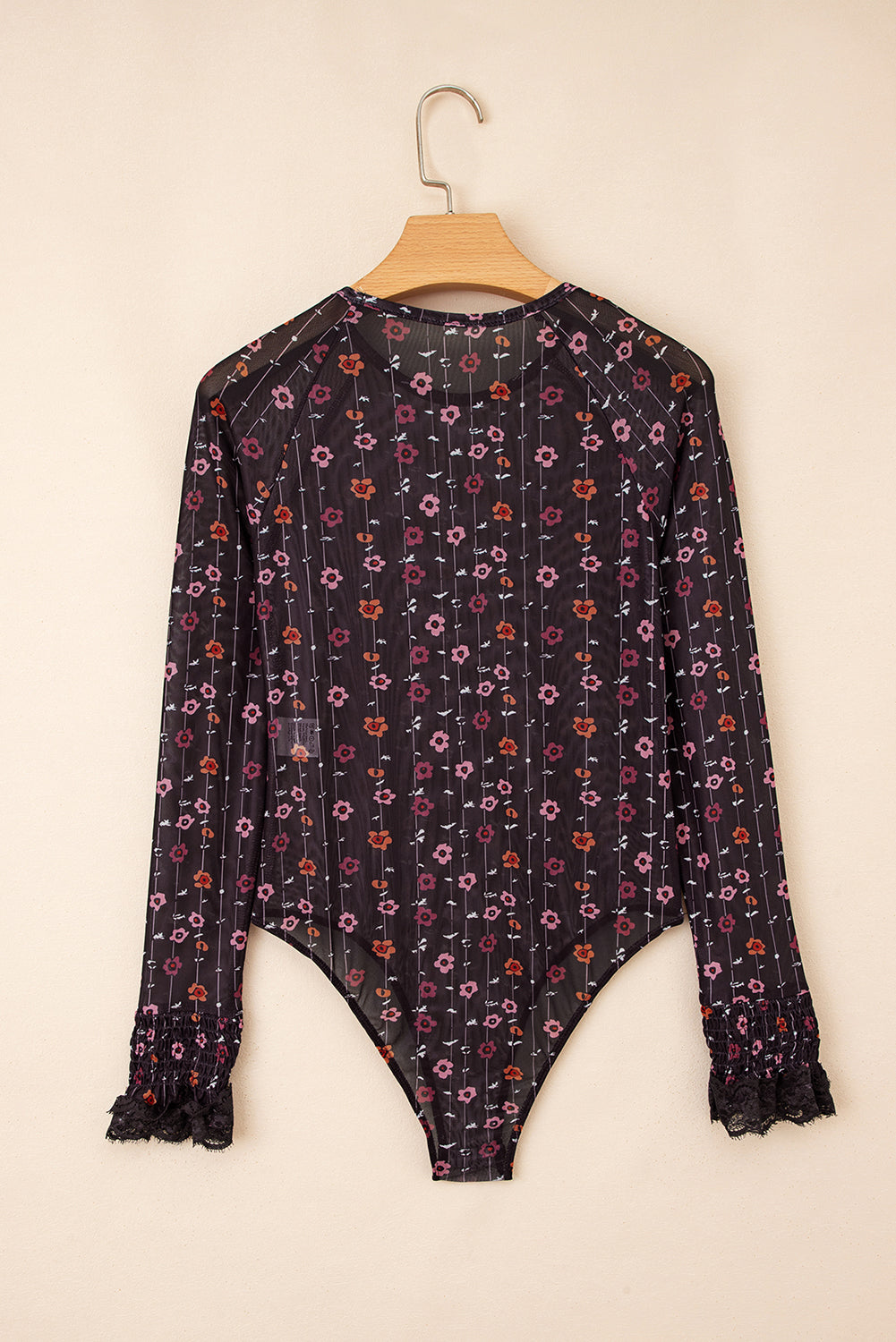 Black Mesh Floral Lace Cuff Bodysuit-Long Sleeve Tops-Krush Kandy, Women's Online Fashion Boutique Located in Phoenix, Arizona (Scottsdale Area)