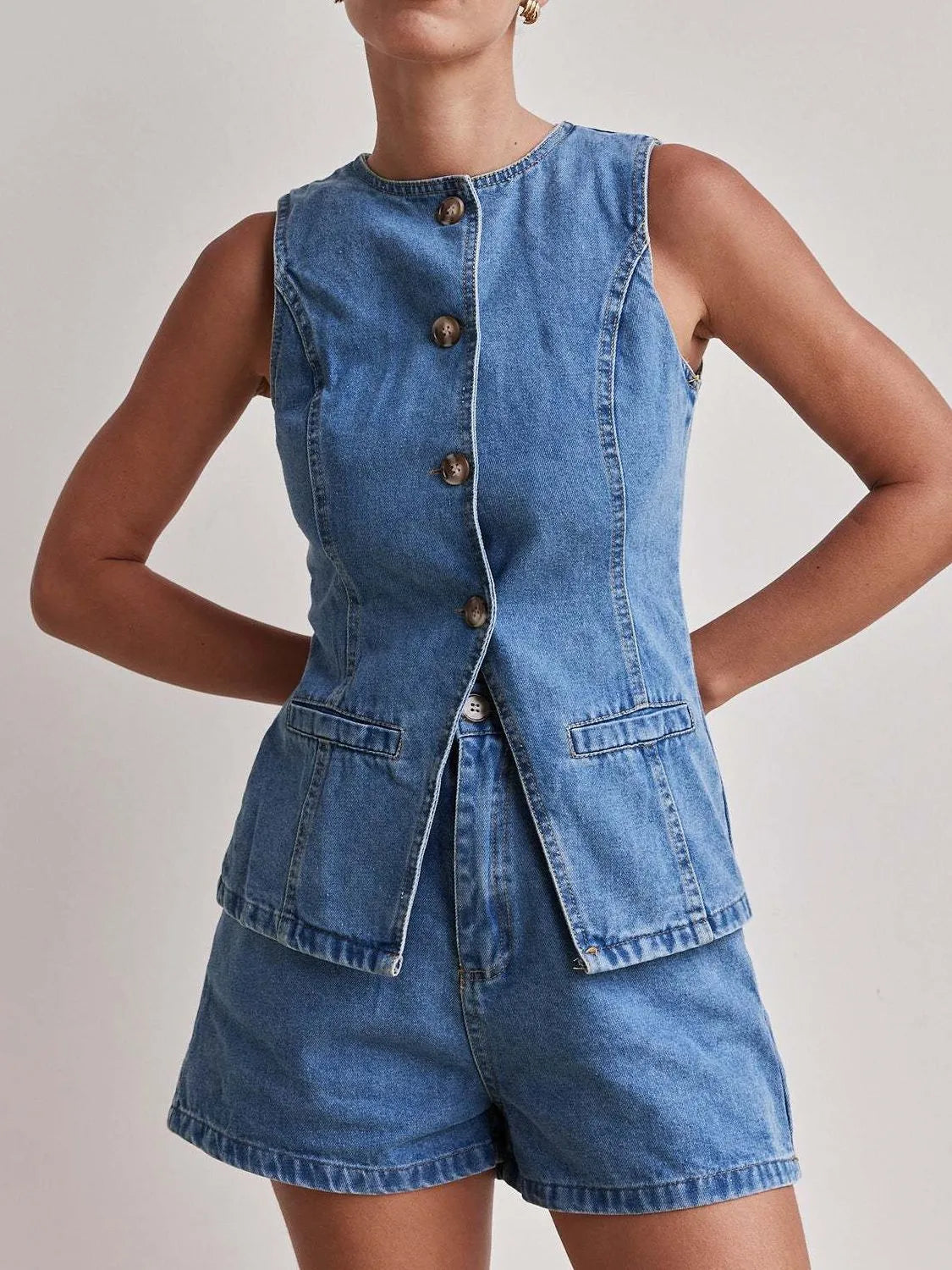 Button Down Vest and Shorts Denim Set-2 Piece Outfit Sets-Krush Kandy, Women's Online Fashion Boutique Located in Phoenix, Arizona (Scottsdale Area)