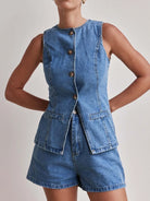 Button Down Vest and Shorts Denim Set-2 Piece Outfit Sets-Krush Kandy, Women's Online Fashion Boutique Located in Phoenix, Arizona (Scottsdale Area)