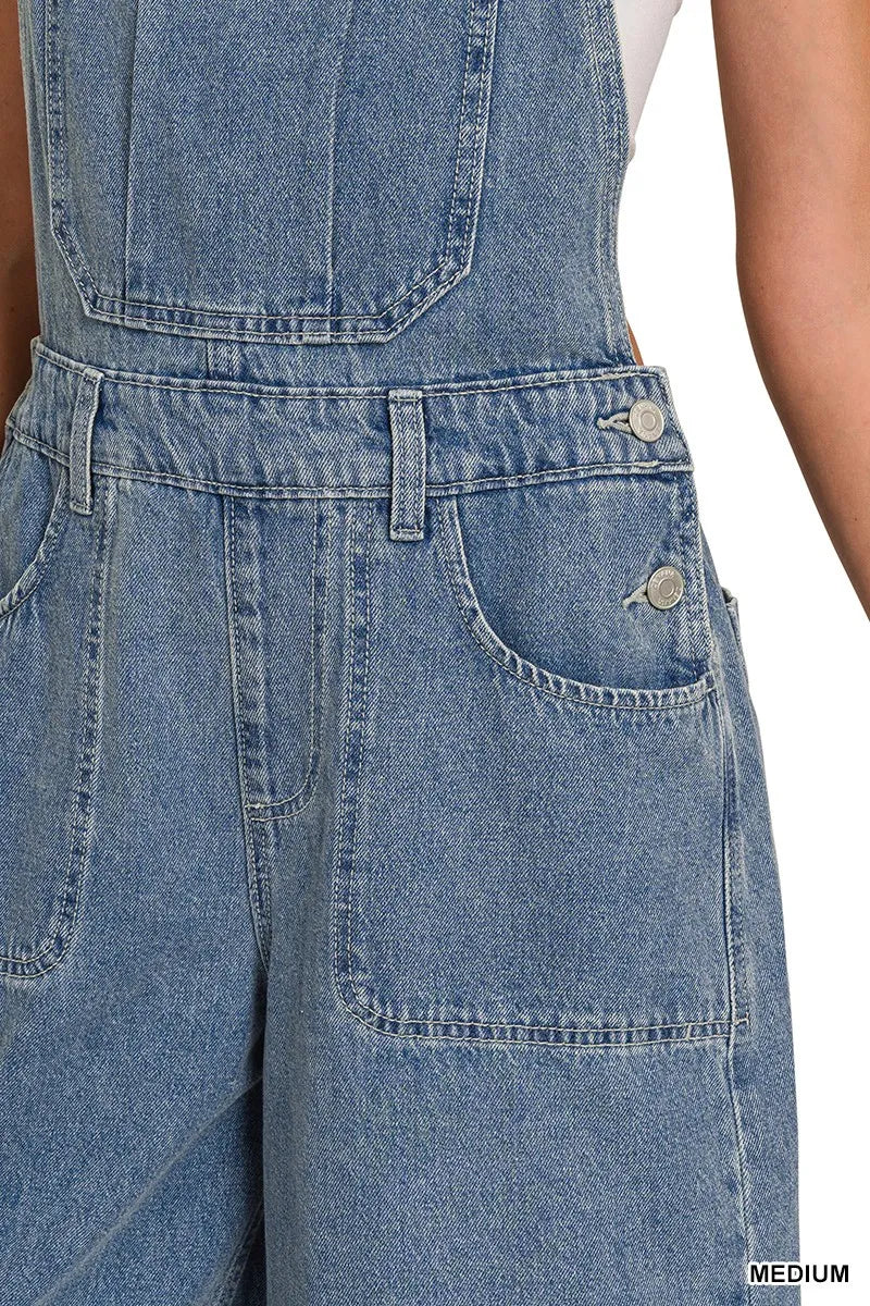 Zenana Denim Medium Washed Wide Leg Overalls-Jumpsuits & Rompers-Krush Kandy, Women's Online Fashion Boutique Located in Phoenix, Arizona (Scottsdale Area)