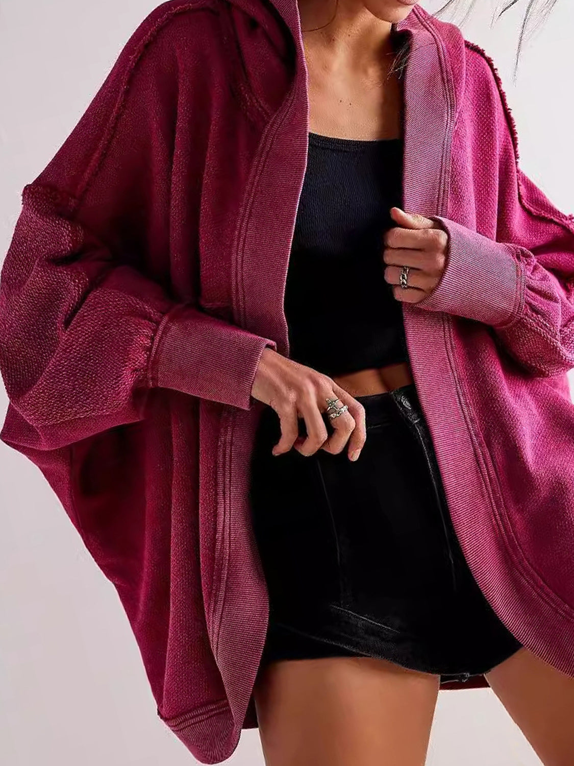 Exposed Seam Open Front Batwing Sleeve Hooded Cardigan-Krush Kandy, Women's Online Fashion Boutique Located in Phoenix, Arizona (Scottsdale Area)