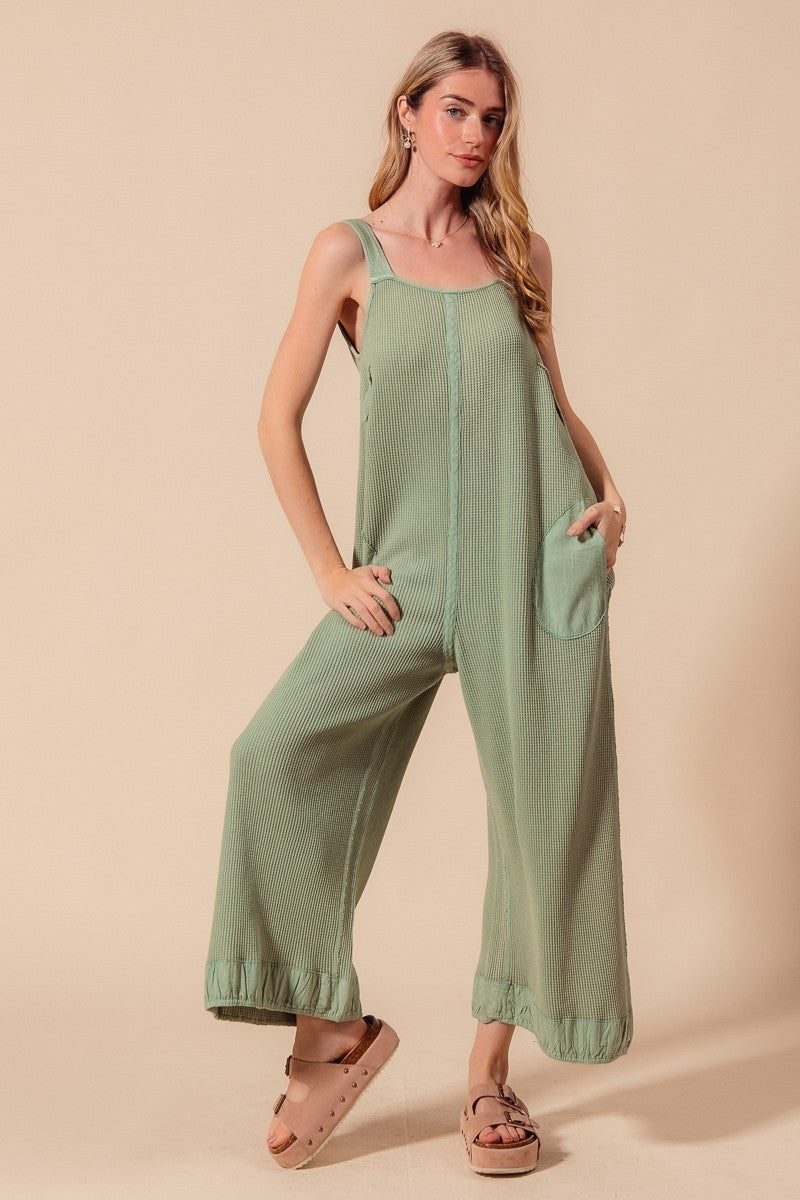 Mineral Washed Thermal Waffle Wide Leg Jumpsuit-Jumpsuits & Rompers-Krush Kandy, Women's Online Fashion Boutique Located in Phoenix, Arizona (Scottsdale Area)