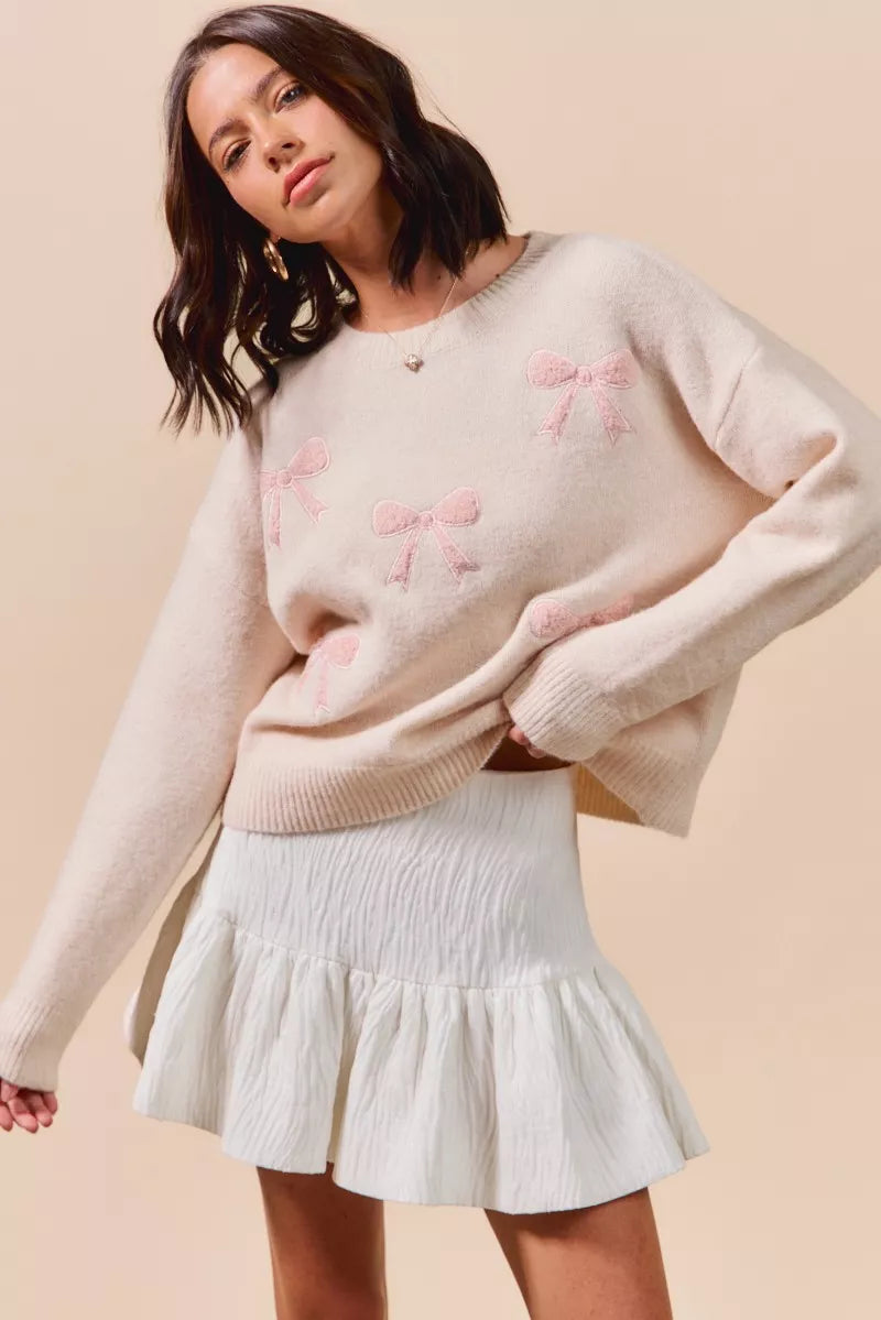 SO ME Embroidered Ribbon Round Neck Sweater-Sweaters-Krush Kandy, Women's Online Fashion Boutique Located in Phoenix, Arizona (Scottsdale Area)