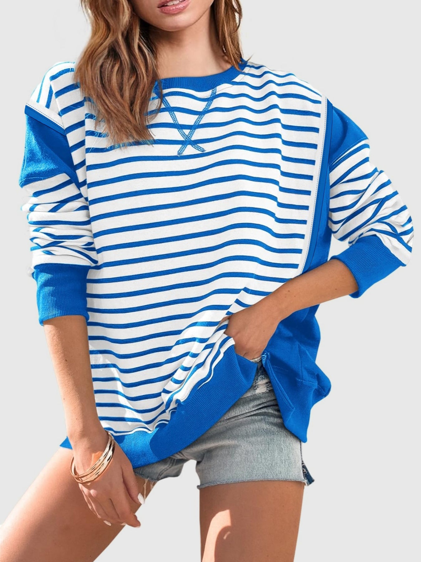 Slit Exposed Seam Striped Long Sleeve Sweatshirt-Sweaters-Krush Kandy, Women's Online Fashion Boutique Located in Phoenix, Arizona (Scottsdale Area)