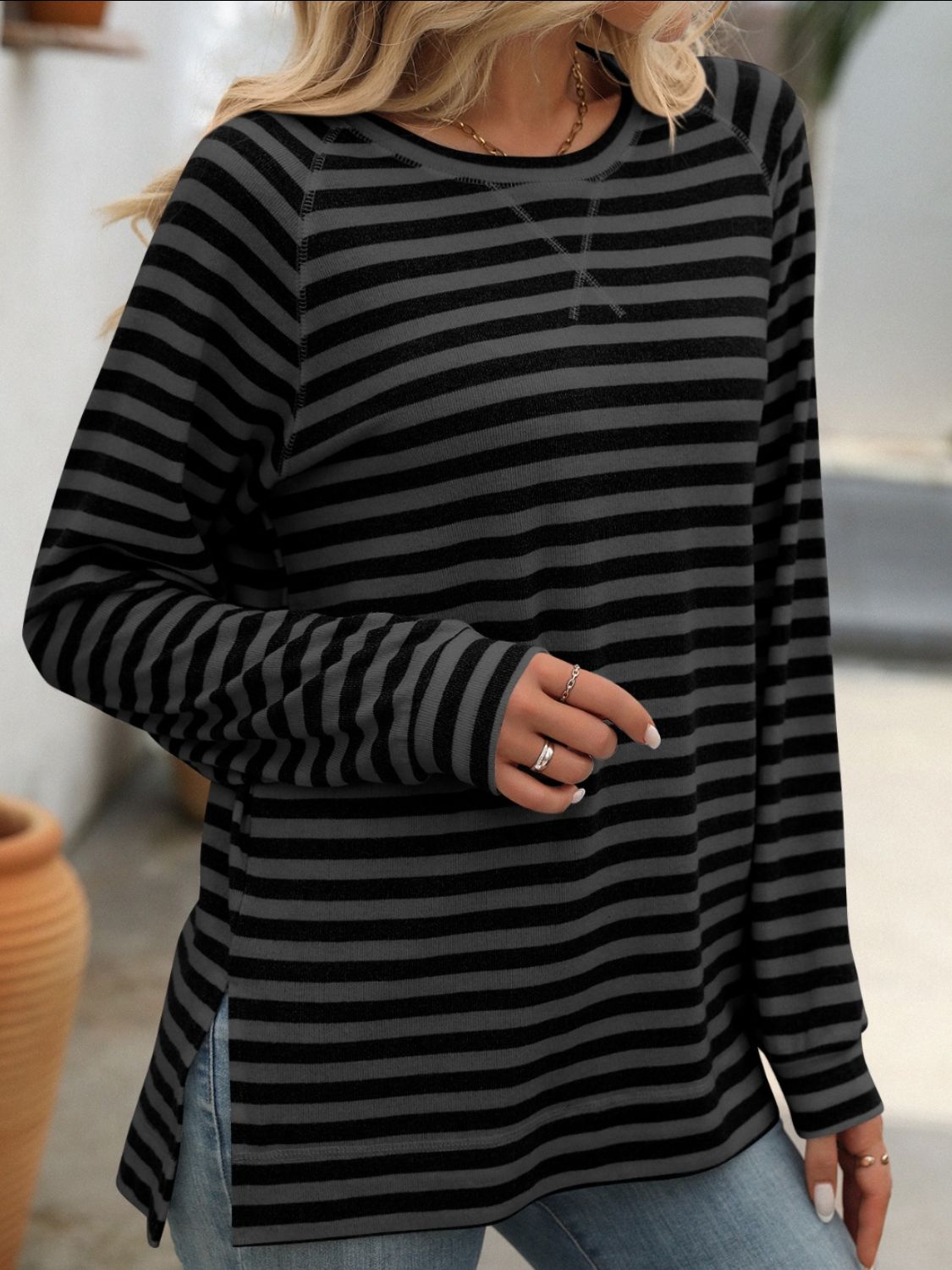 Striped Round Neck Long Sleeve T-Shirt-Long Sleeve Tops-Krush Kandy, Women's Online Fashion Boutique Located in Phoenix, Arizona (Scottsdale Area)