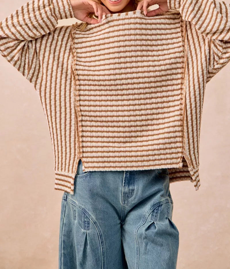 BiBi Open Seam Detail Textured Stripe Knit Top-Sweaters-Krush Kandy, Women's Online Fashion Boutique Located in Phoenix, Arizona (Scottsdale Area)