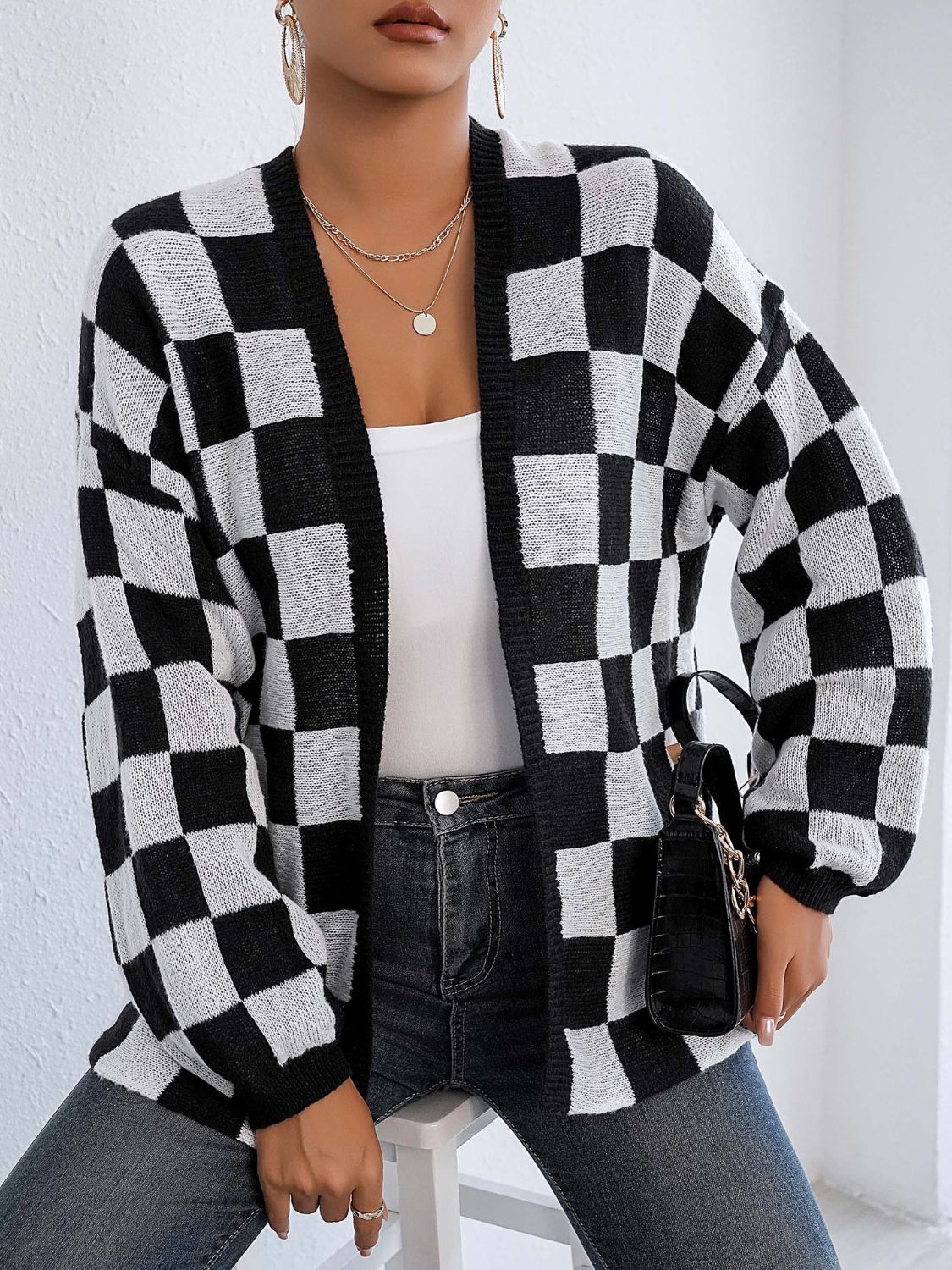 Checkered Open Front Long Sleeve Cardigan-Cardigans-Krush Kandy, Women's Online Fashion Boutique Located in Phoenix, Arizona (Scottsdale Area)