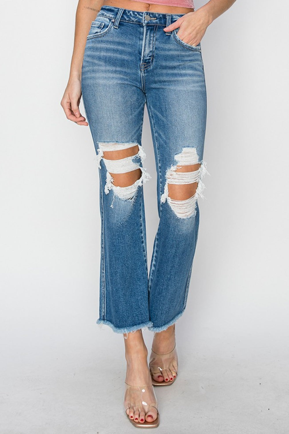 RISEN Mid Rise Distressed Cropped Flare Jeans-Denim-Krush Kandy, Women's Online Fashion Boutique Located in Phoenix, Arizona (Scottsdale Area)