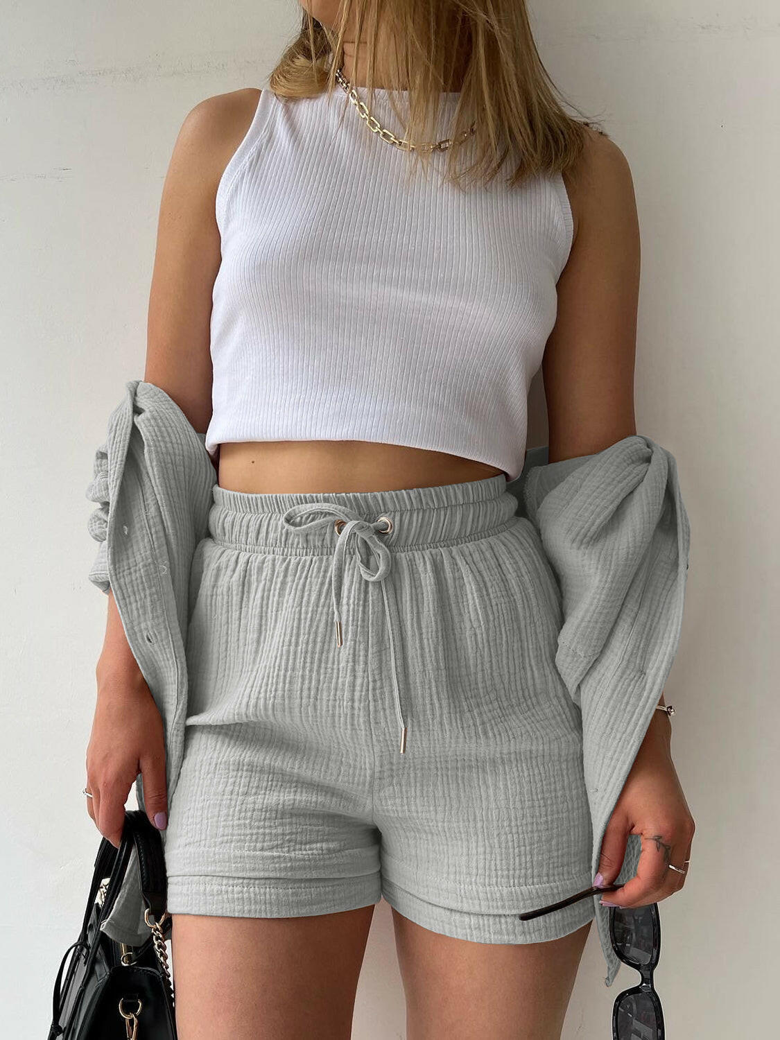 Kinsley Texture Button-Up Shirt and Drawstring Shorts Set-Krush Kandy, Women's Online Fashion Boutique Located in Phoenix, Arizona (Scottsdale Area)