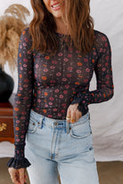 Black Mesh Floral Lace Cuff Bodysuit-Long Sleeve Tops-Krush Kandy, Women's Online Fashion Boutique Located in Phoenix, Arizona (Scottsdale Area)